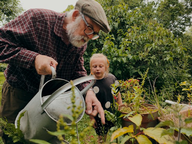 Older adult tending vegetables and herbs in a home garden while enjoying gentle outdoor activity