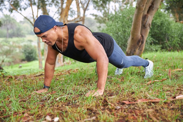 Middle-aged adult walking outdoors in the morning as part of a healthy active lifestyle