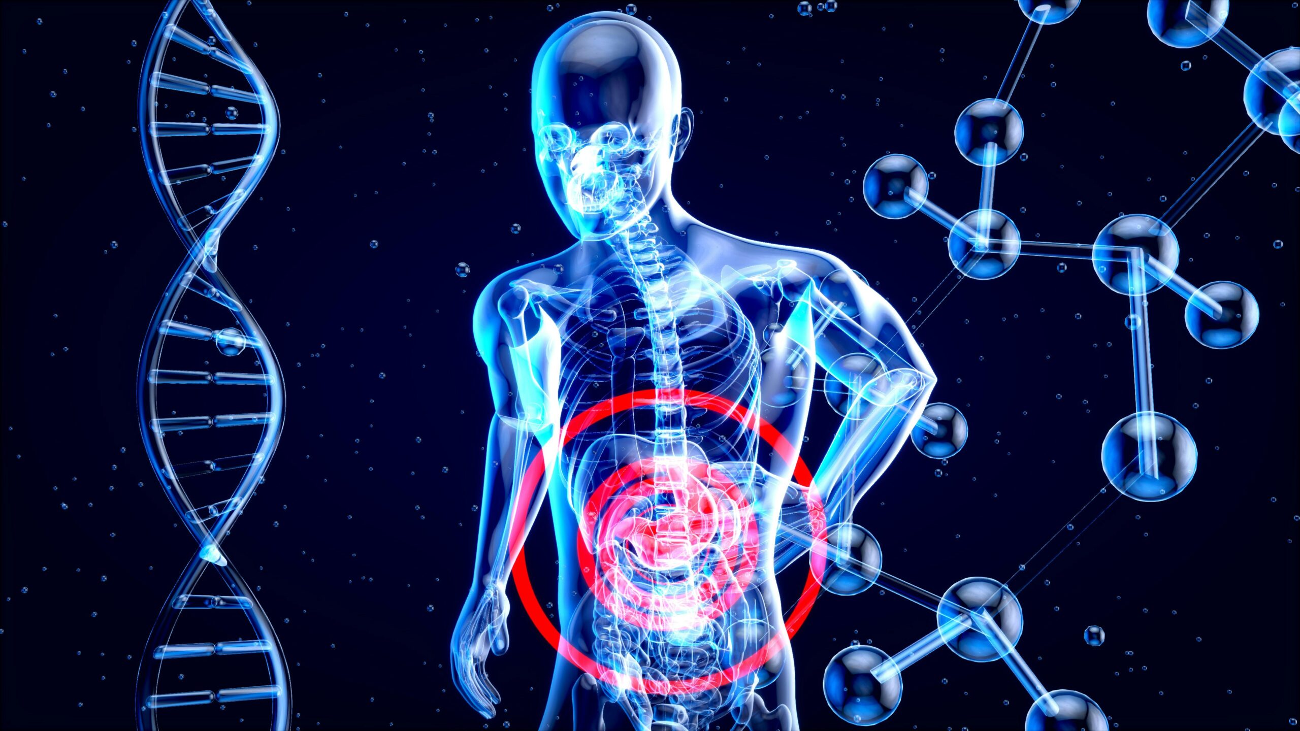 Medical illustration of gut bacteria and intestinal cells showing the relationship between the microbiome and colorectal cancer research.