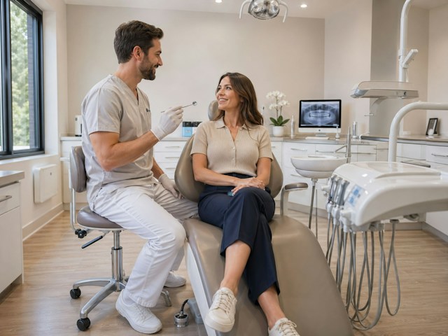 Dentist reviewing a patient's medication history and dental treatment plan in a modern clinic
